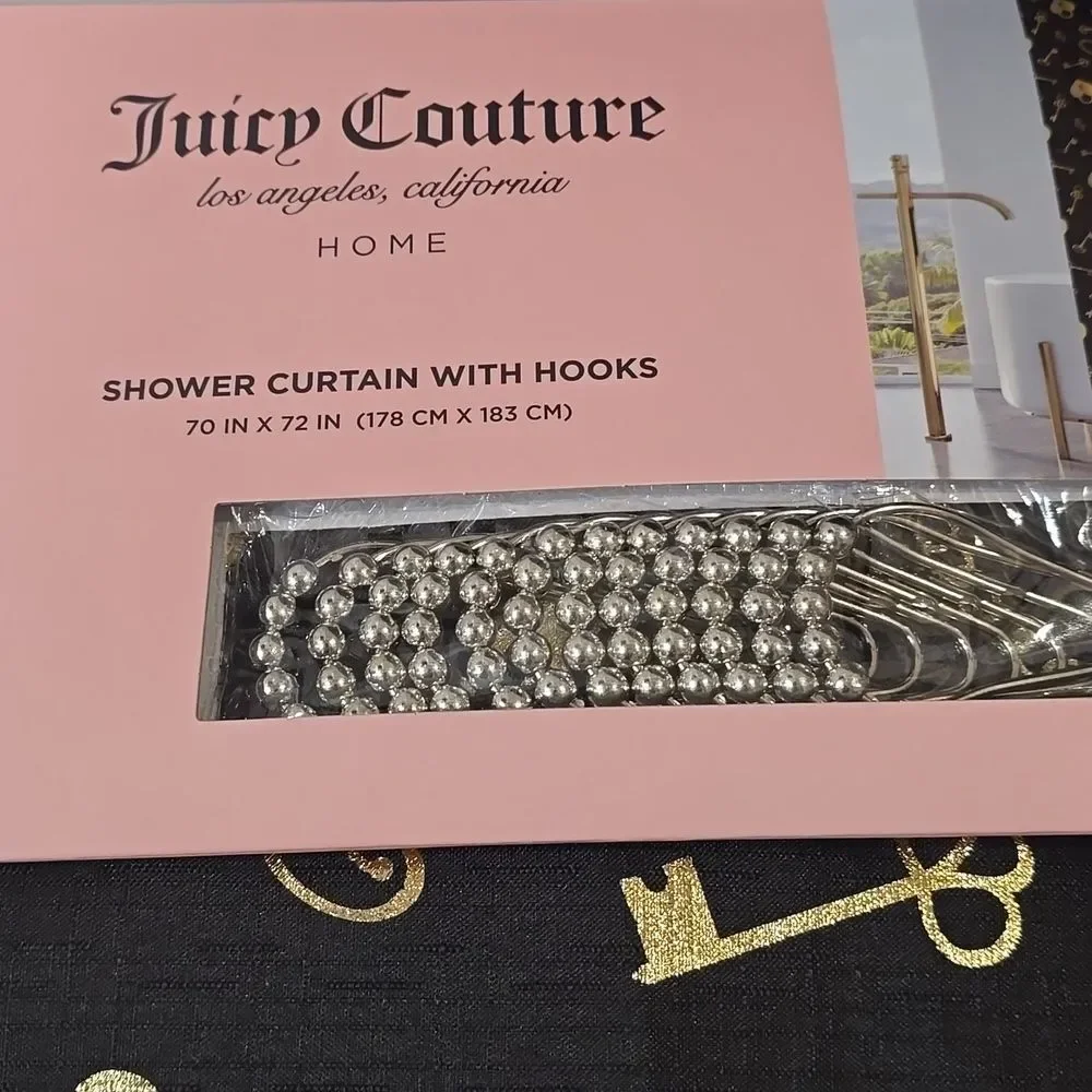 Juicy Couture Home JC Logo Heart Lock & Key Fabric‎ Shower Curtain w/Hooks